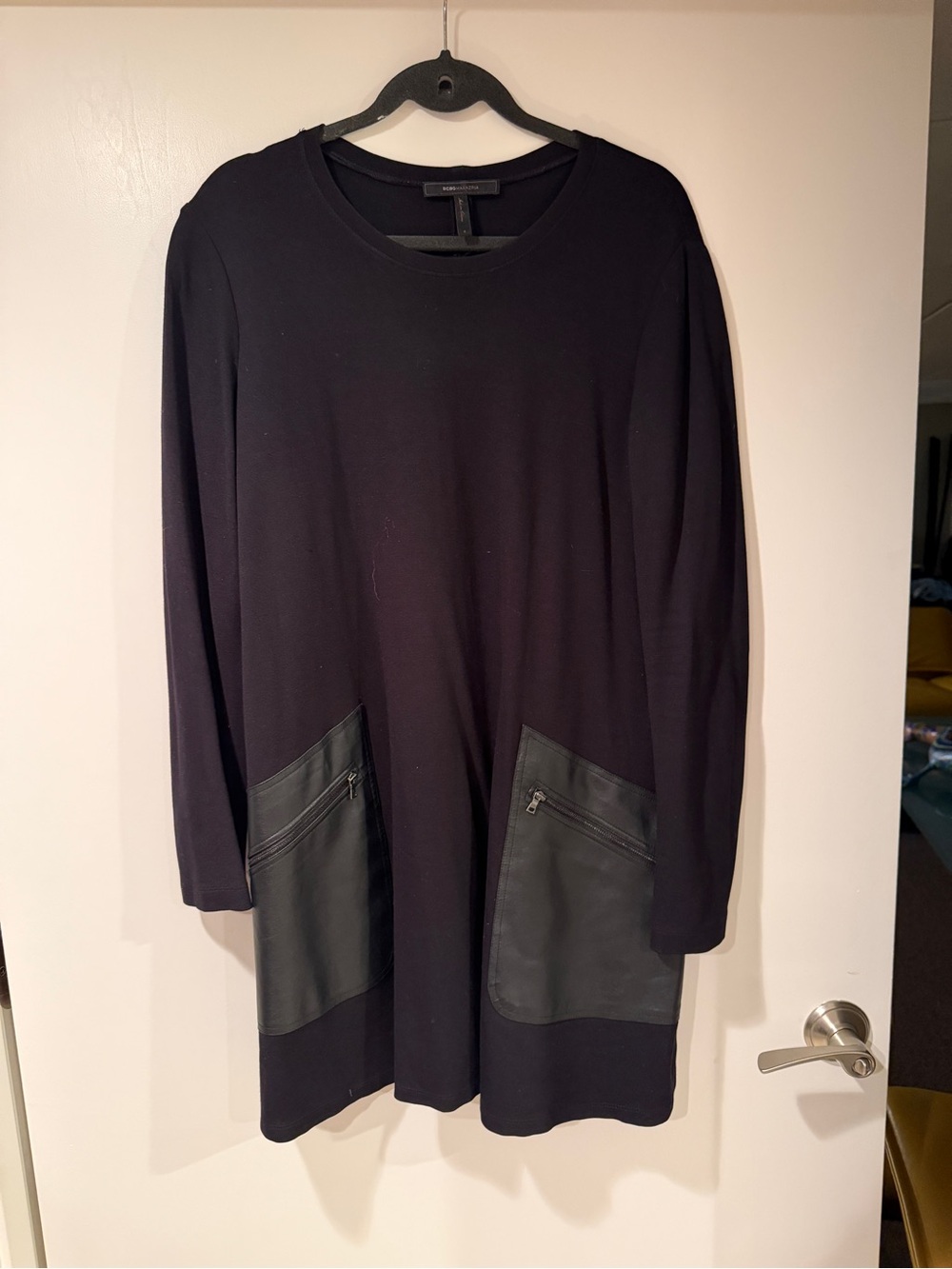 BCBGMaxAzria Black Crewneck Sweater Dress with Faux-Leather Zip Pockets